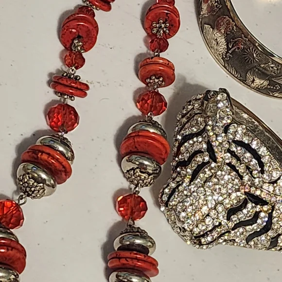 Bold Gold Chunky Knot Red Silver Tone Necklace Tiger Rhinestone Bracelets Huge - Picture 14 of 16